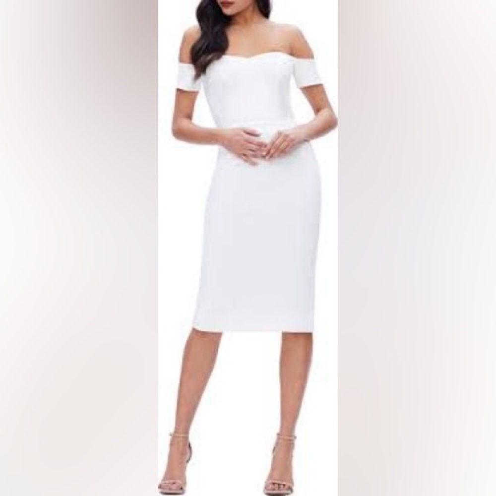 NWT Dress the Population Bailey Off Shoulder Bodycon Midi Dress White Size S - Picture 2 of 9